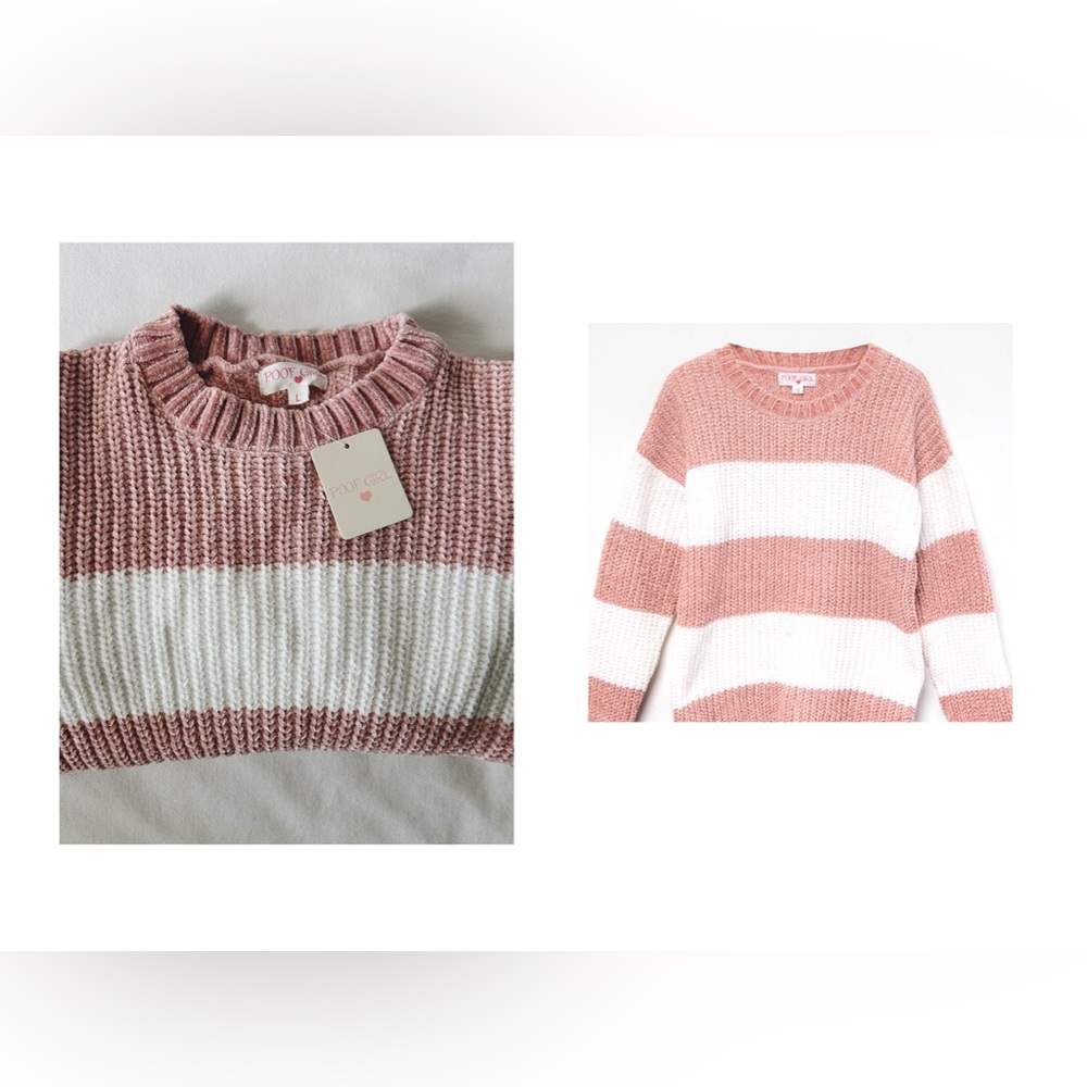 Tilly’s Poof Girl Crewneck Striped Sweater Pink and White Chenille Child L NWT!